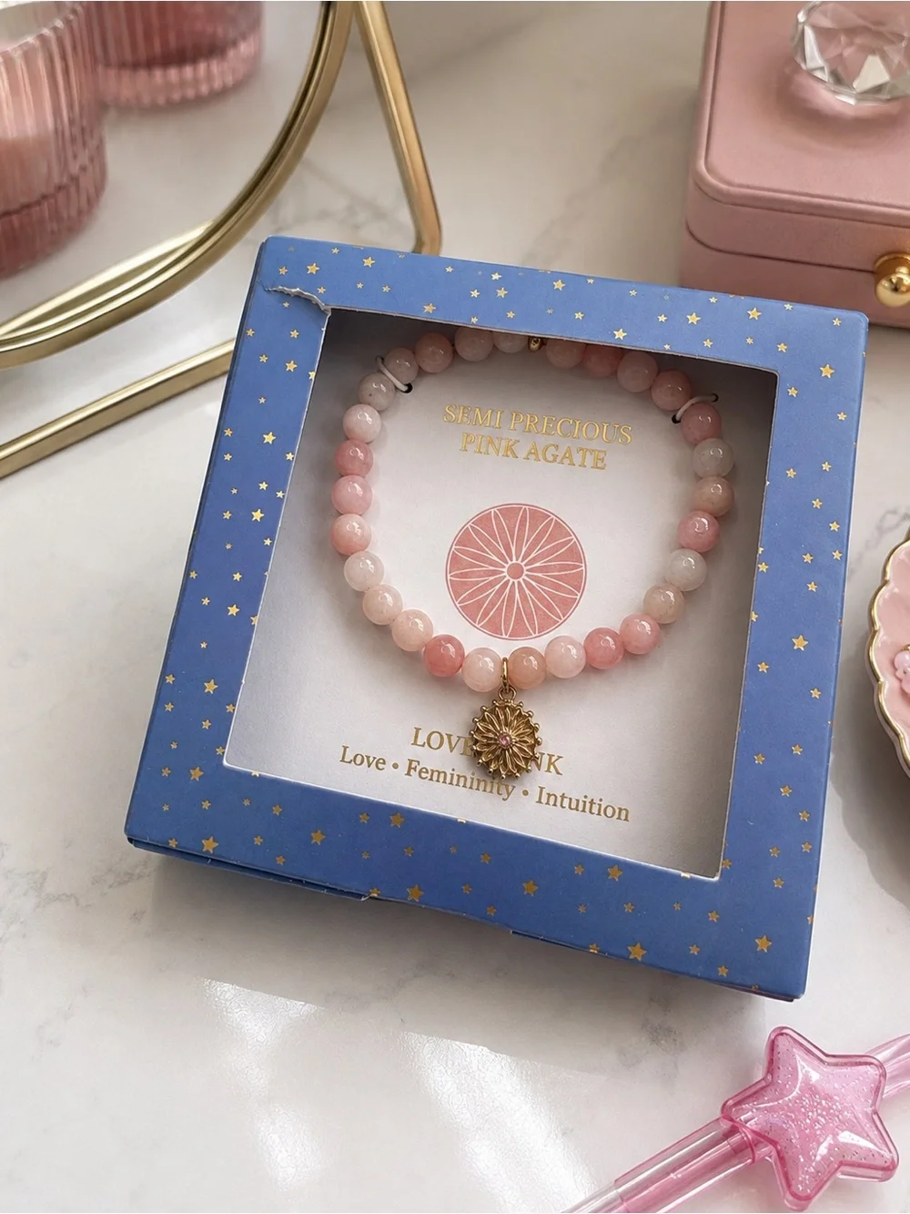 Semi-Precious Pink Agate Beaded Stretch Bracelet with Gold-Tone Charm (BR222BN)